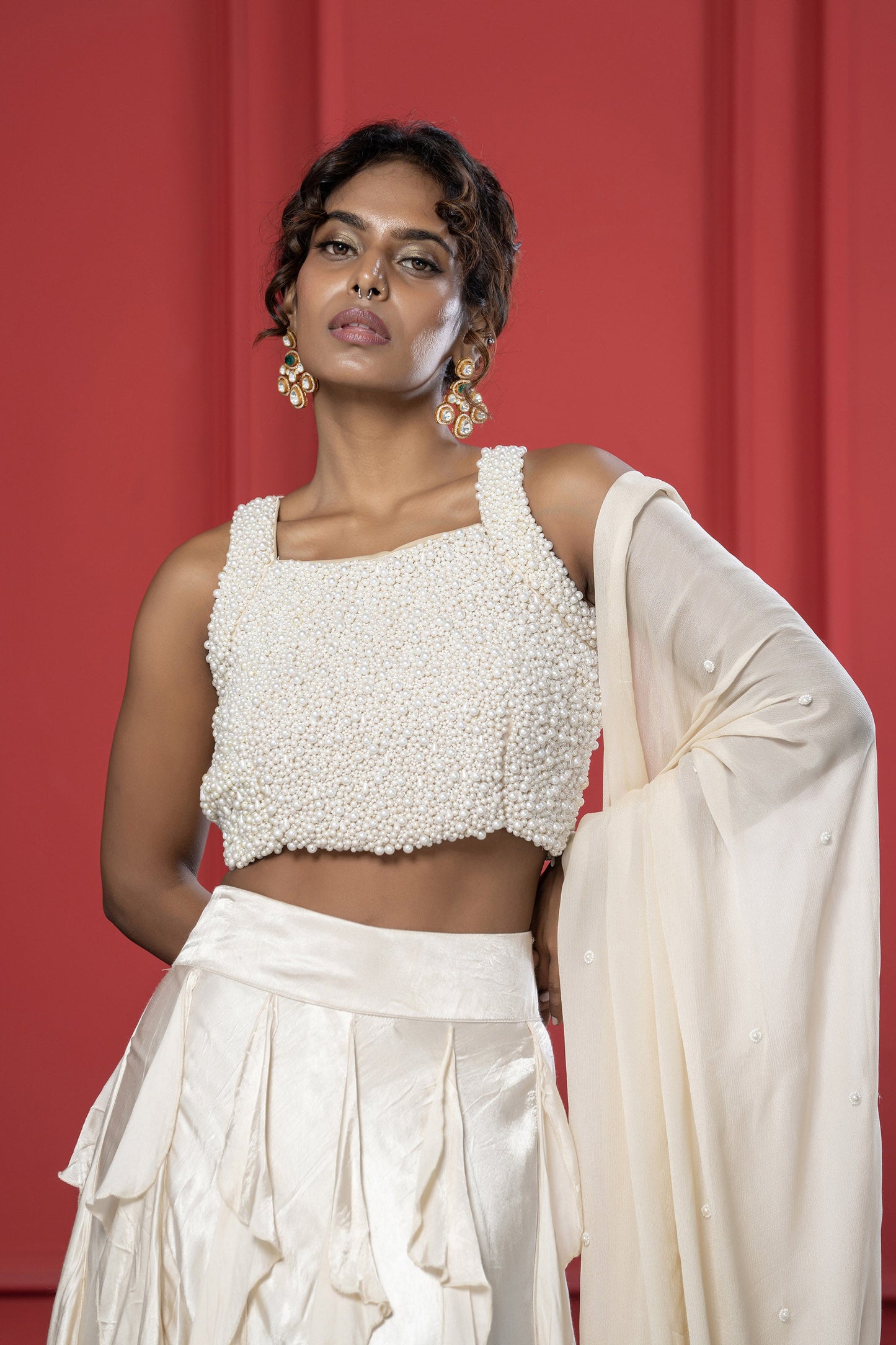 Ivory Ruffle Gaji Silk Pearl Lehenga