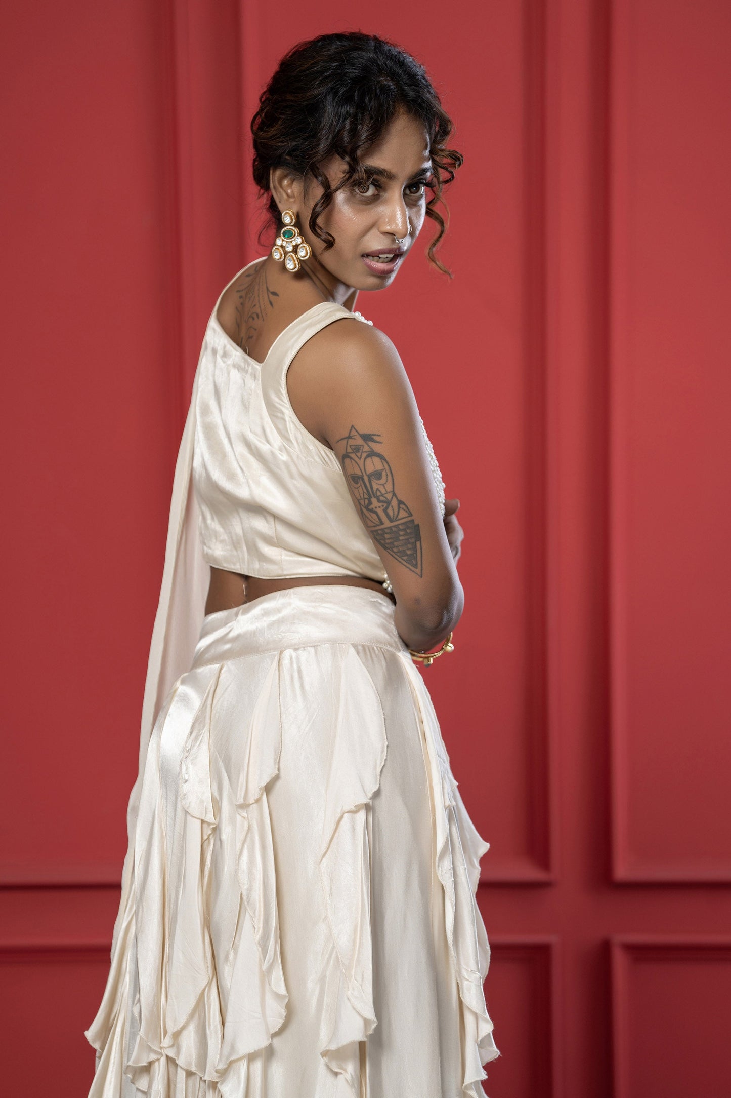 Ivory Ruffle Gaji Silk Pearl Lehenga