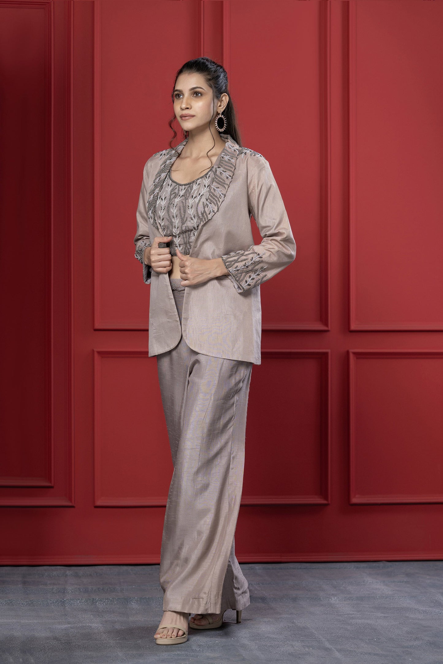 Monochrome Mauve Dola Silk cutdana Blazer Set
