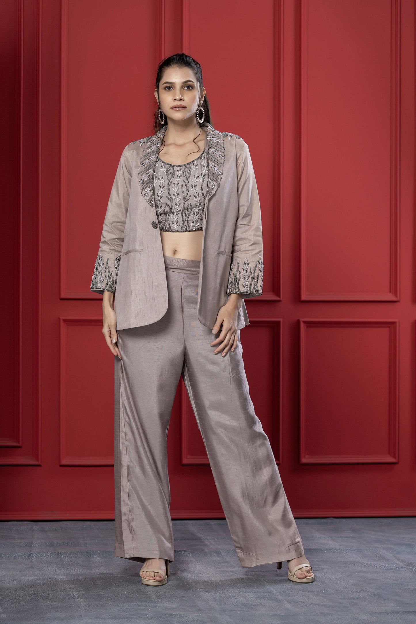 Monochrome Mauve Dola Silk cutdana Blazer Set