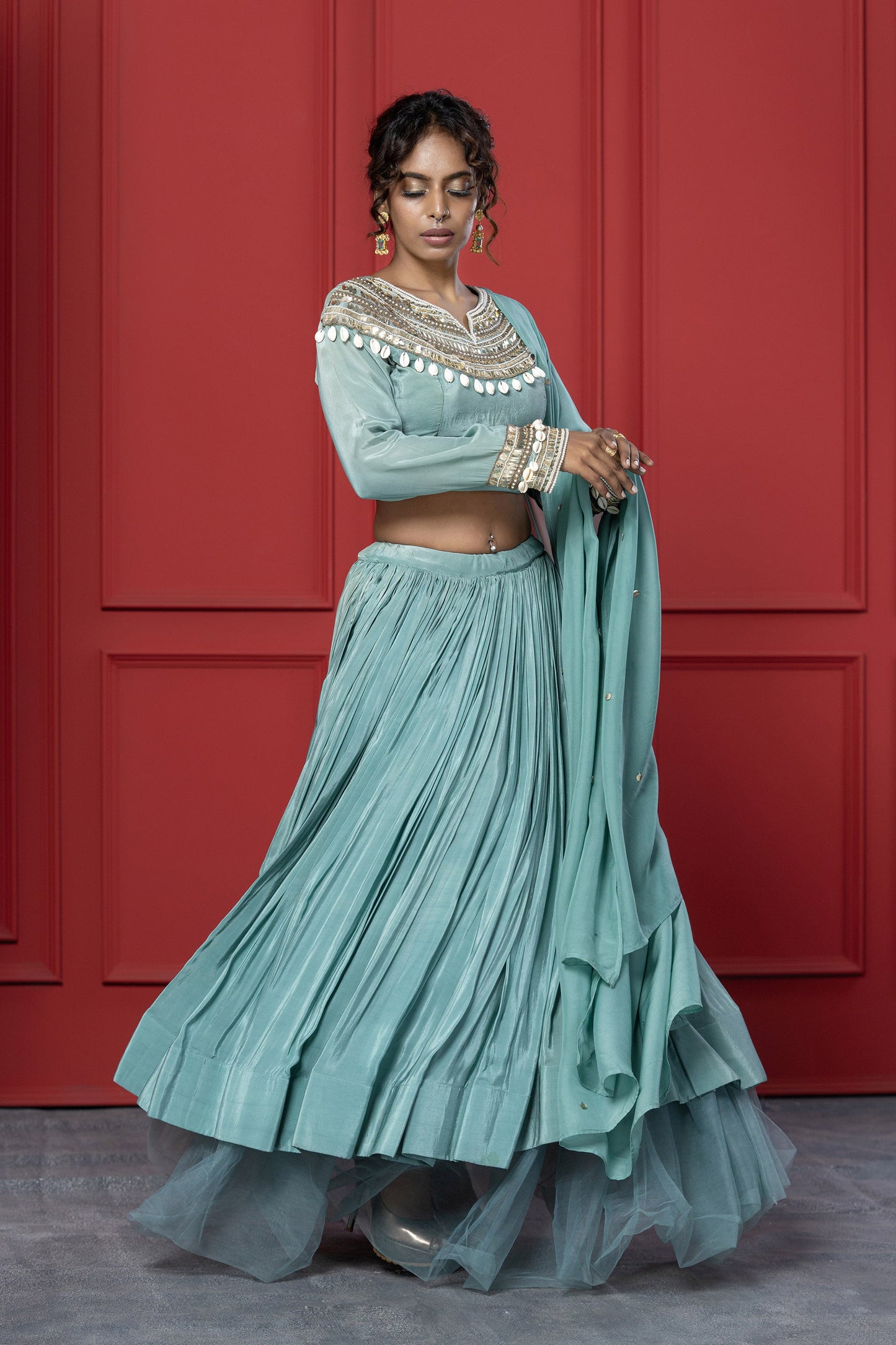 Sea Green Crepe Shell work Lehenga Set