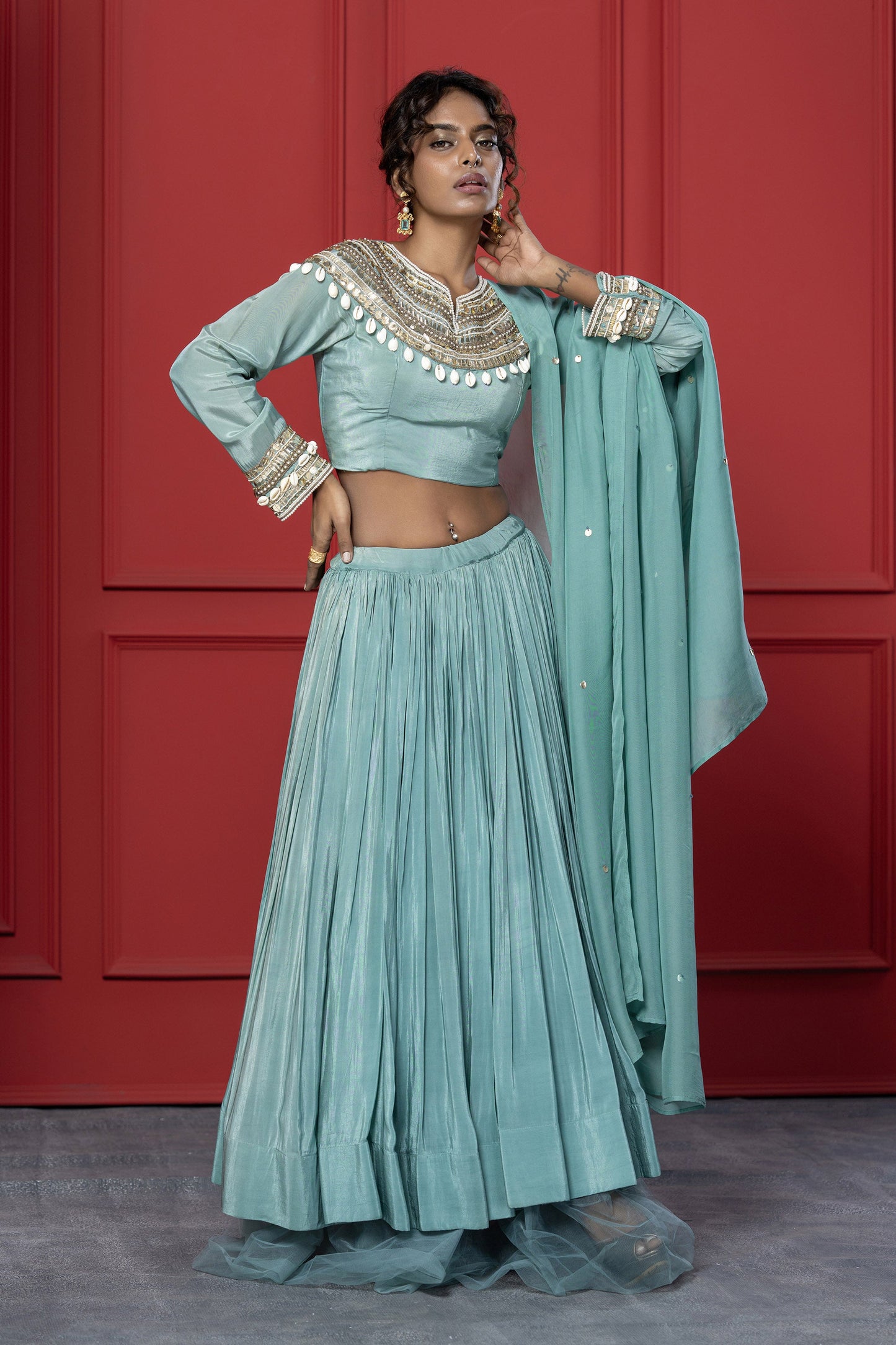 Sea Green Crepe Shell work Lehenga Set