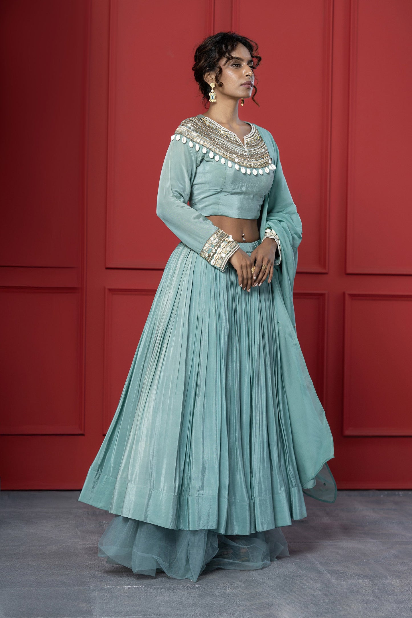 Sea Green Crepe Shell work Lehenga Set