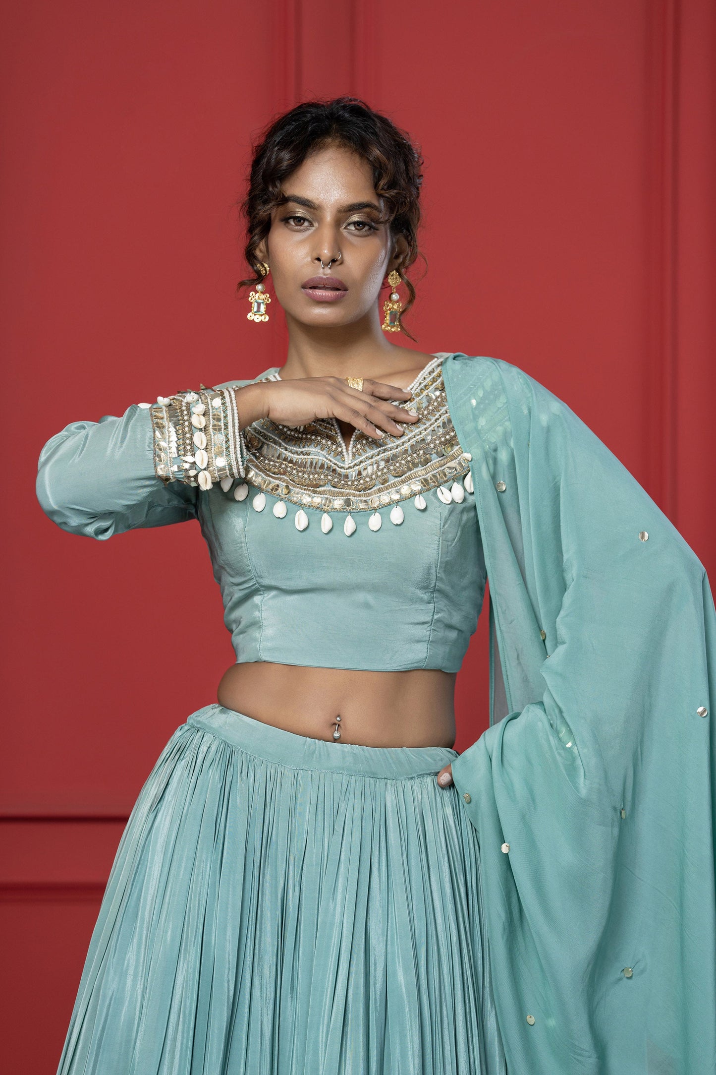 Sea Green Crepe Shell work Lehenga Set