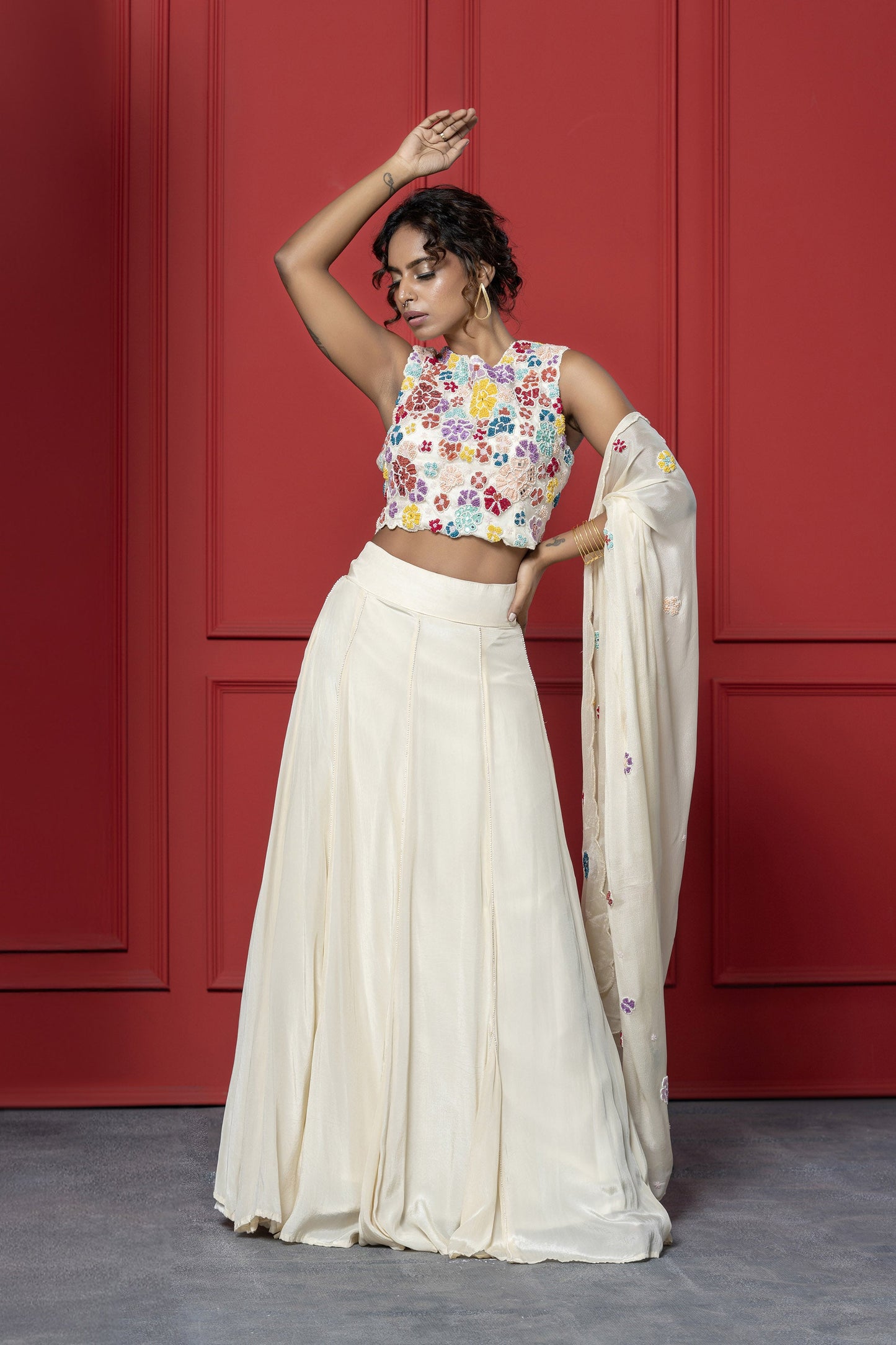 Off white Crepe French knot Floral Lehenga