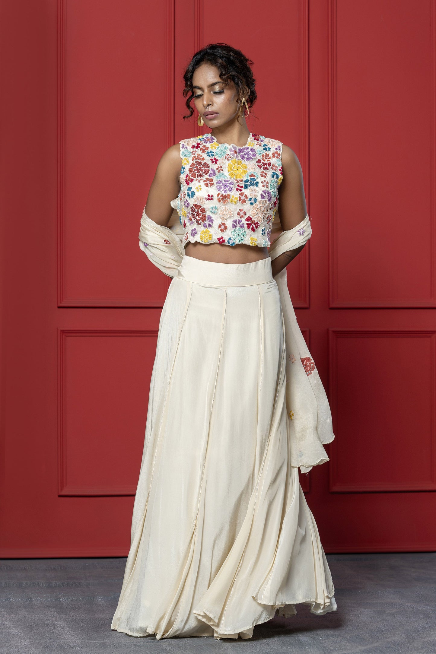 Off white  Crepe French knot Floral Lehenga