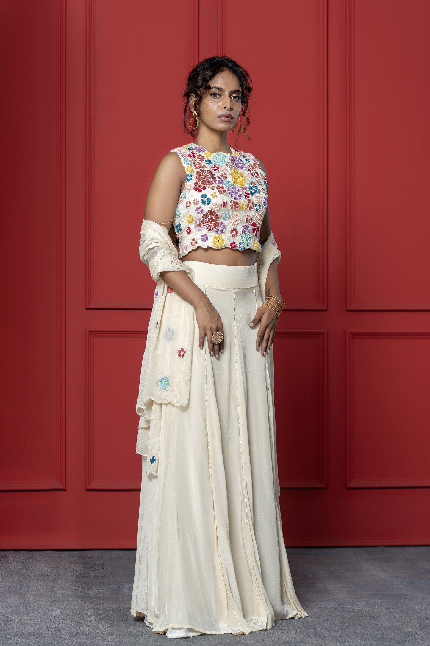 Off white  Crepe French knot Floral Lehenga