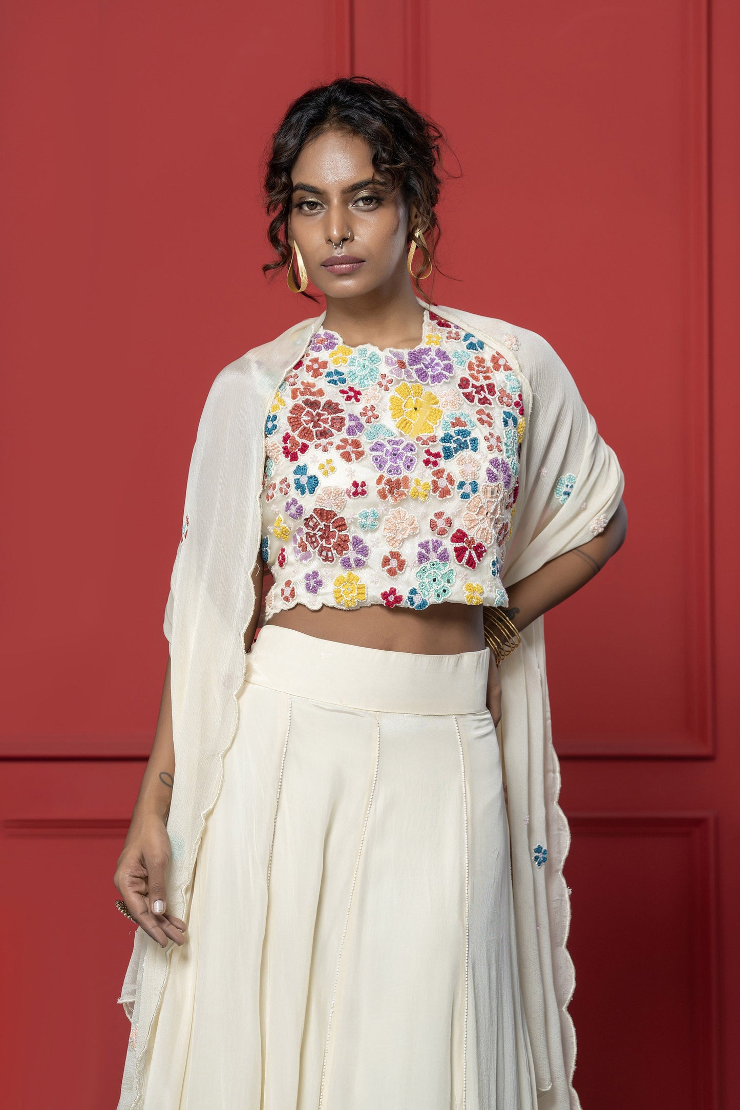 Off white  Crepe French knot Floral Lehenga