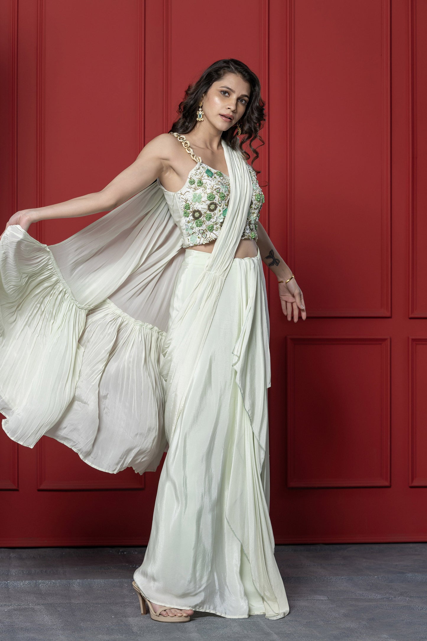 Mint-Green Crepe Drape Saree