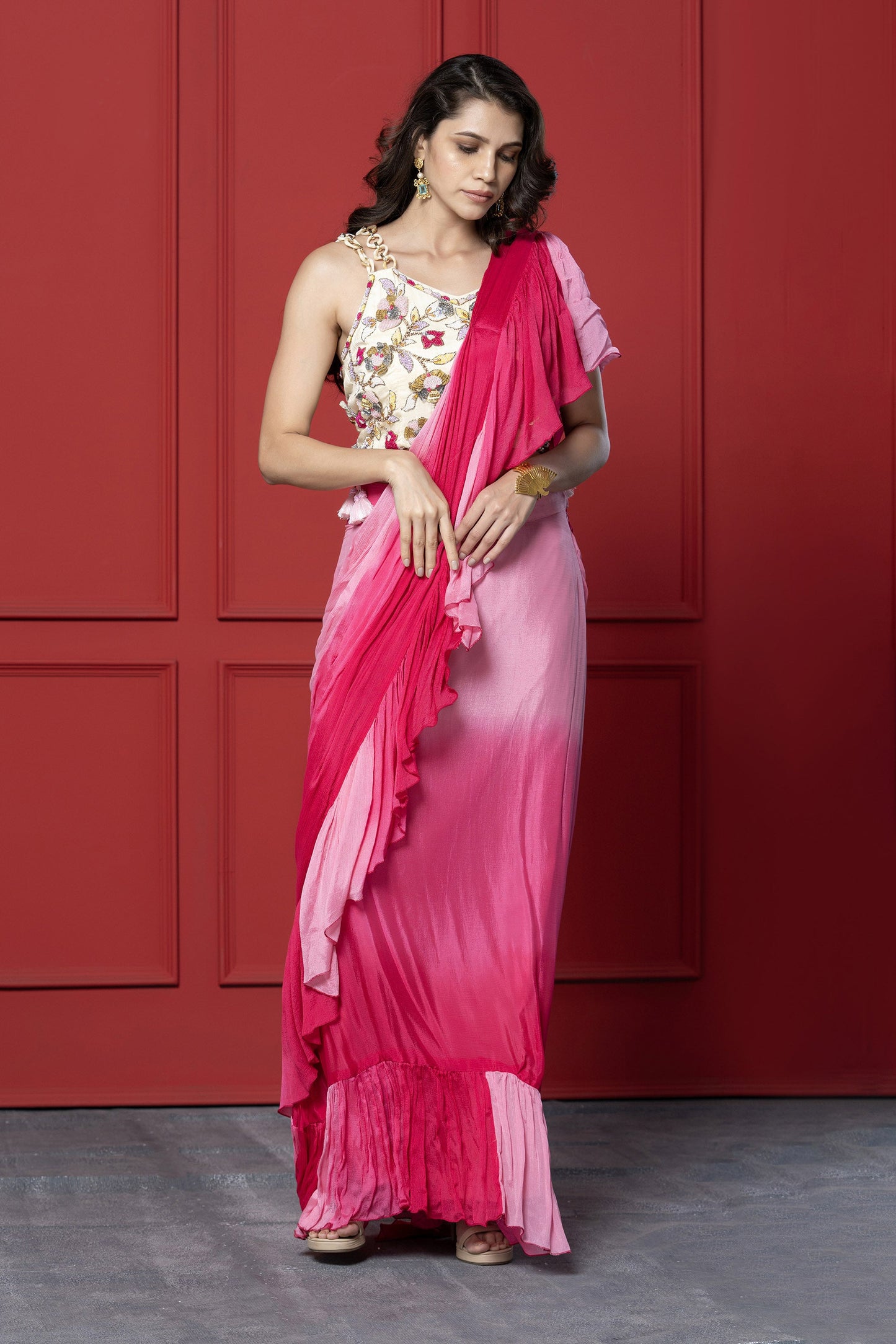 Ombré Upada Silk Applique Ruffle Saree
