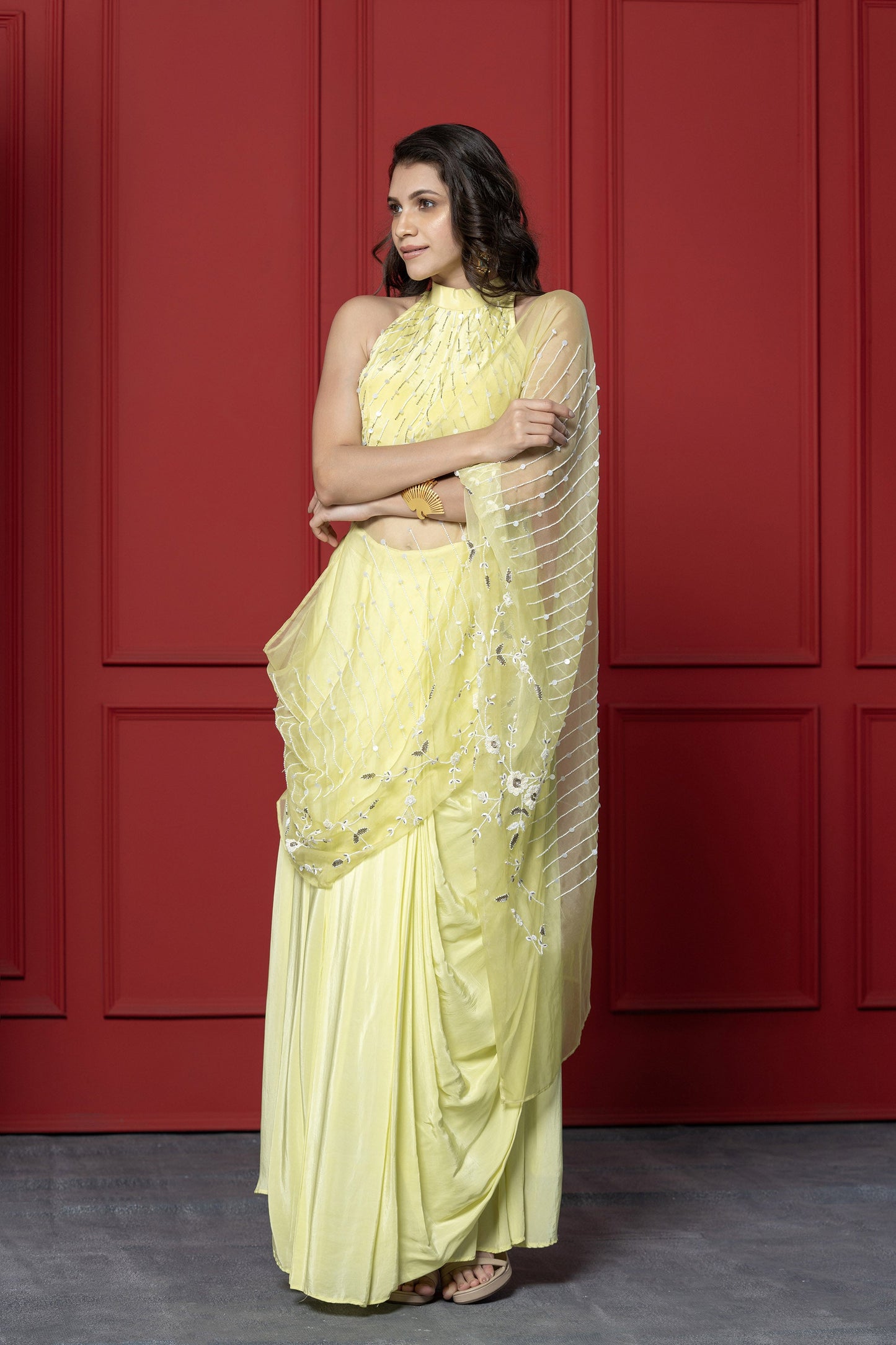 Neon Halter Crepe Drape Saree