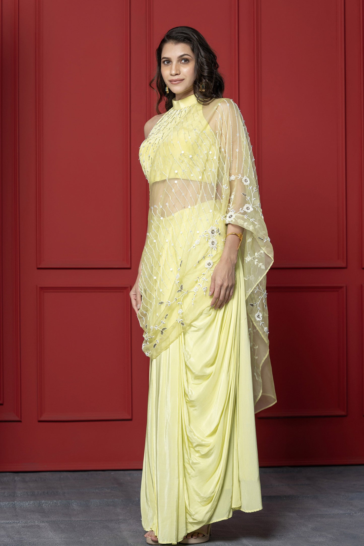 Neon Halter Crepe Drape Saree
