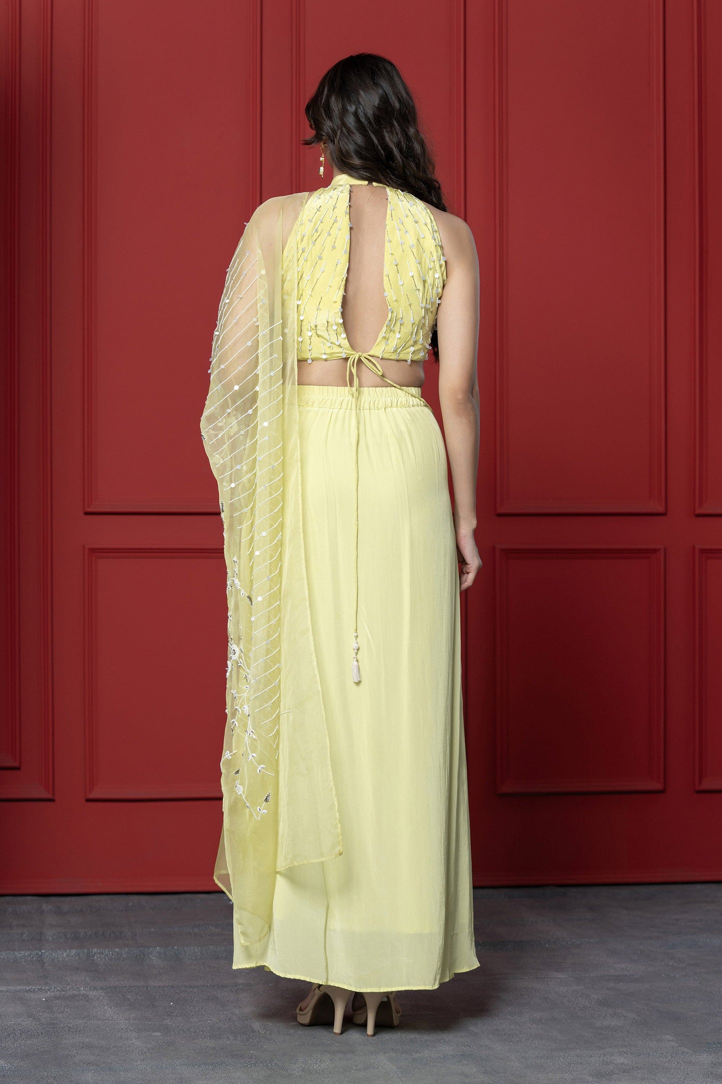 Neon Halter Crepe Drape Saree