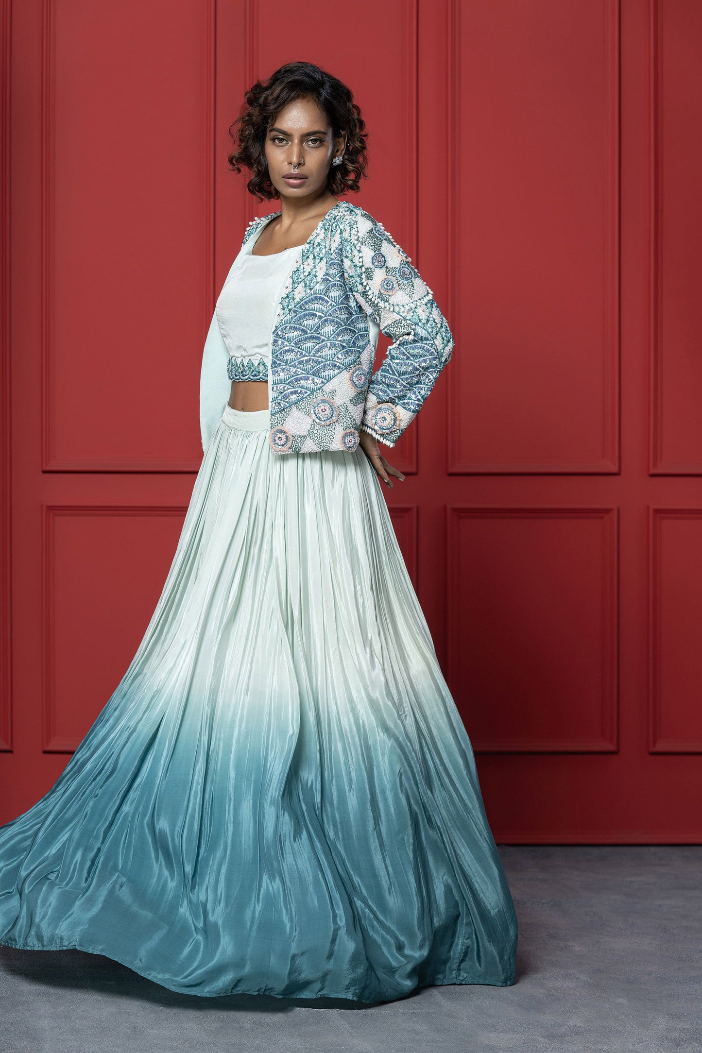 Ombré Blue Crepe Sequence Lehenga Set