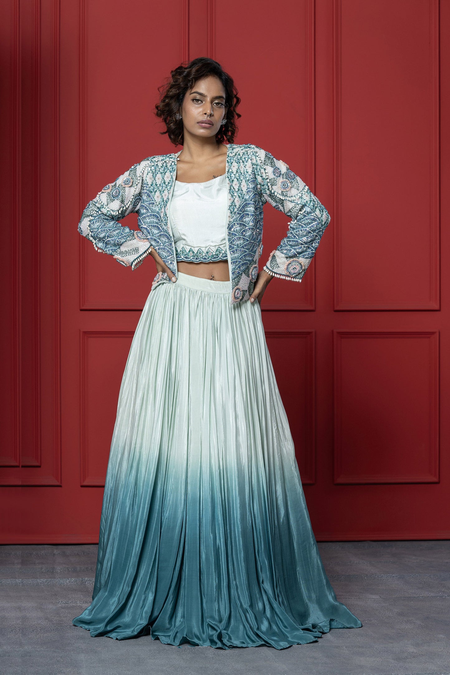 Ombré Blue Crepe Sequence Lehenga Set