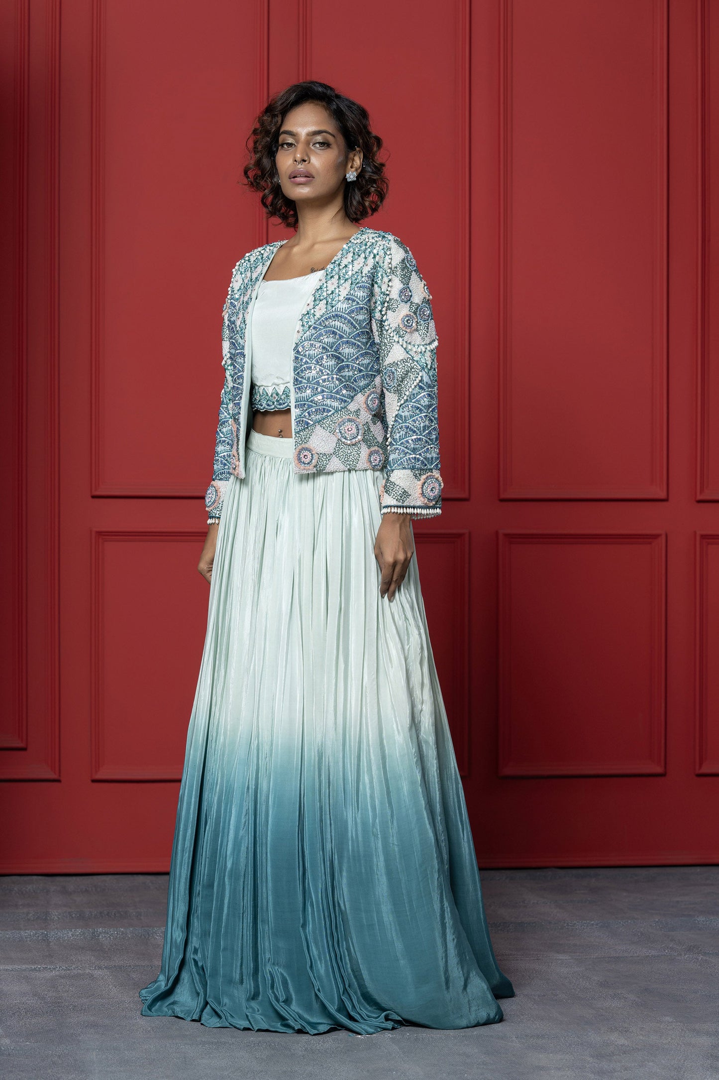 Ombré Blue Crepe Sequence Lehenga Set