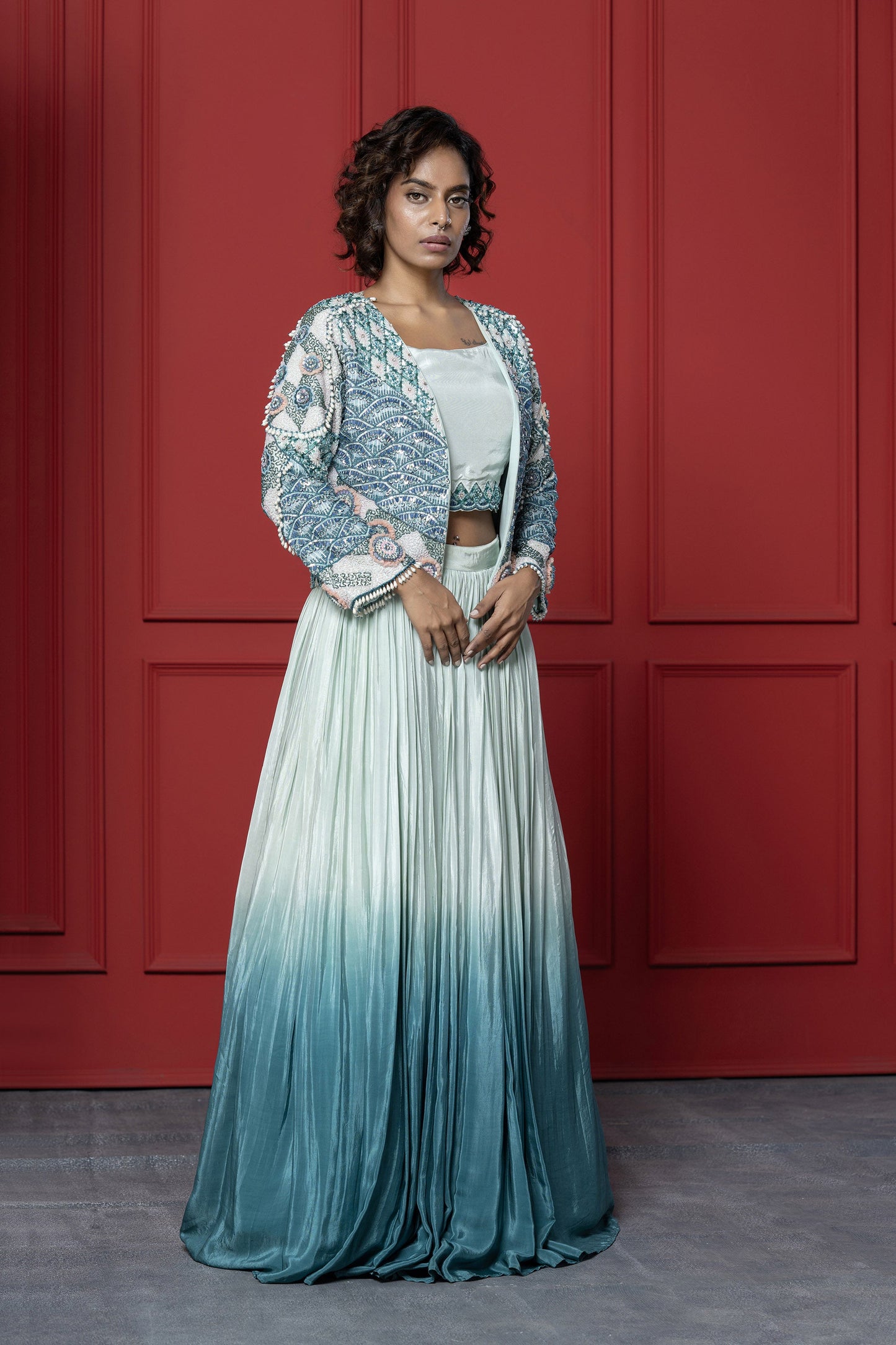 Ombré Blue Crepe Sequence Lehenga Set