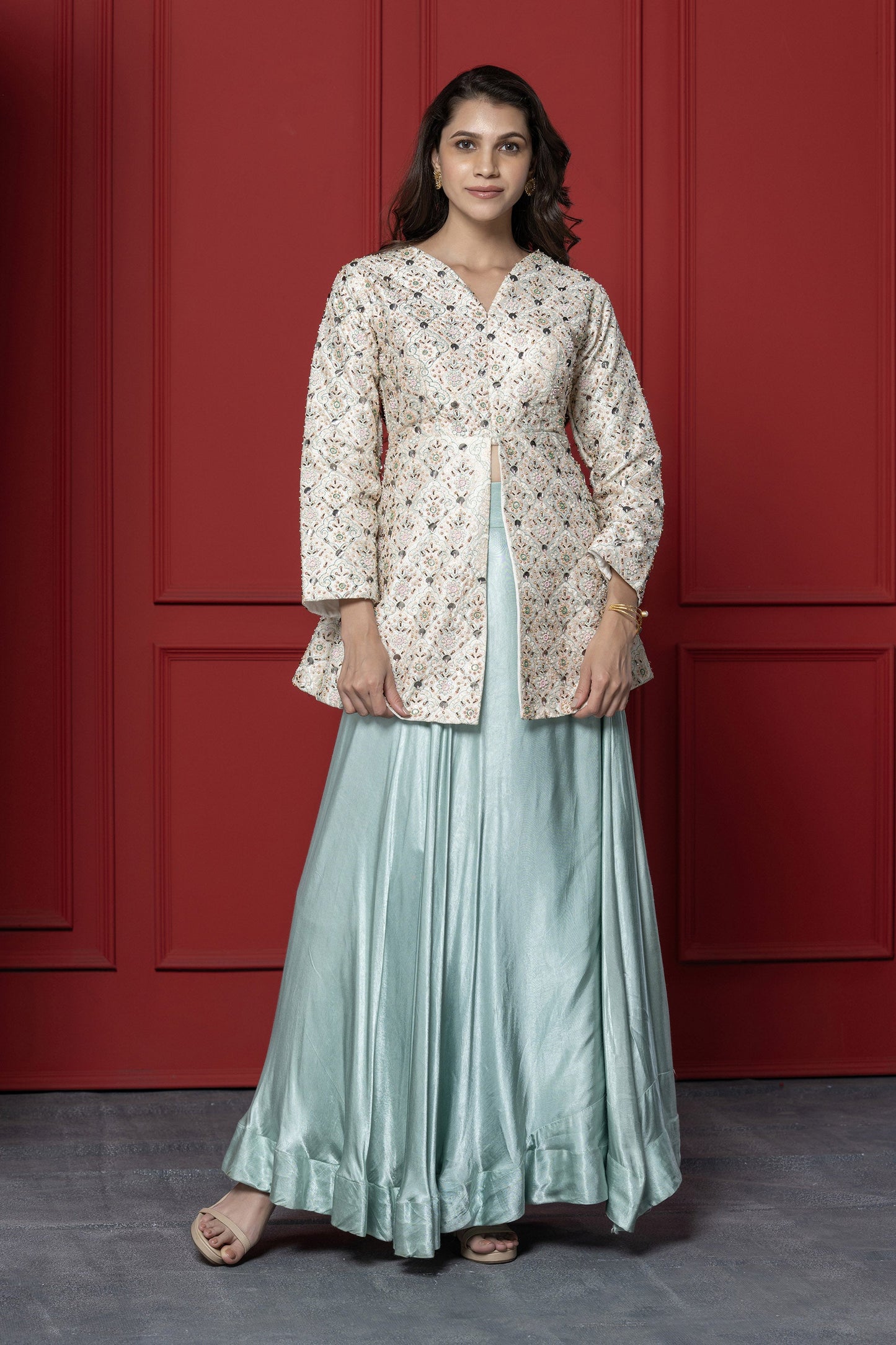 Shiny off white Gaji Silk Peplum Set