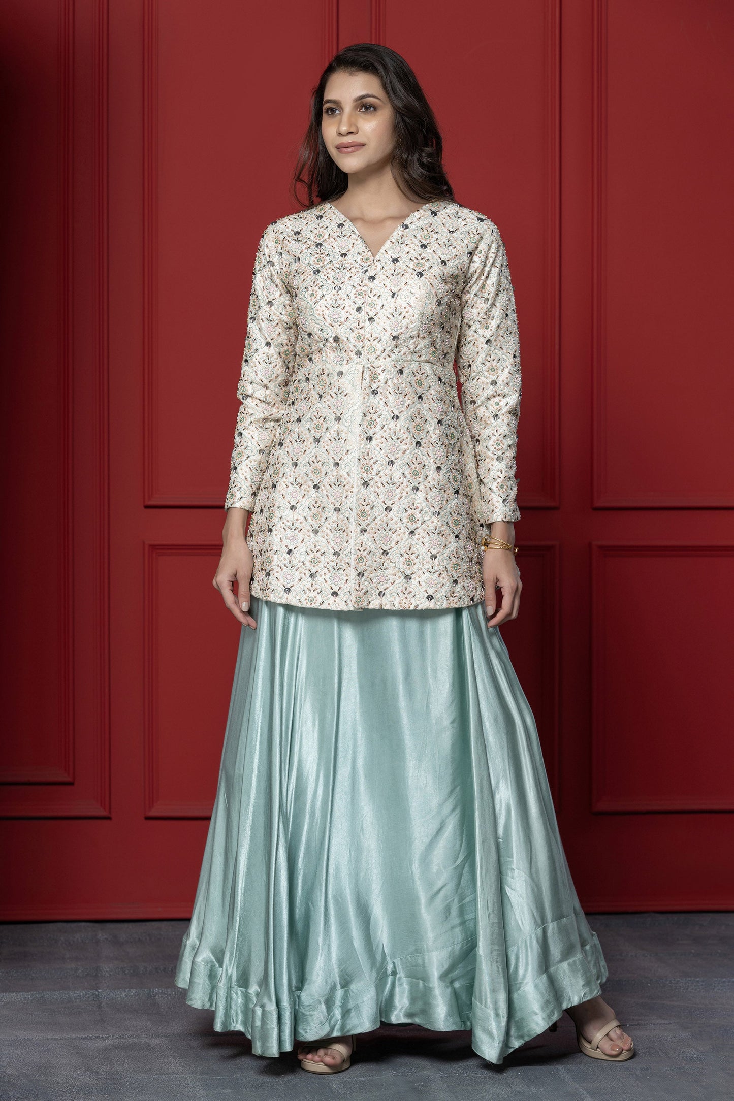 Shiny off white Gaji Silk Peplum Set