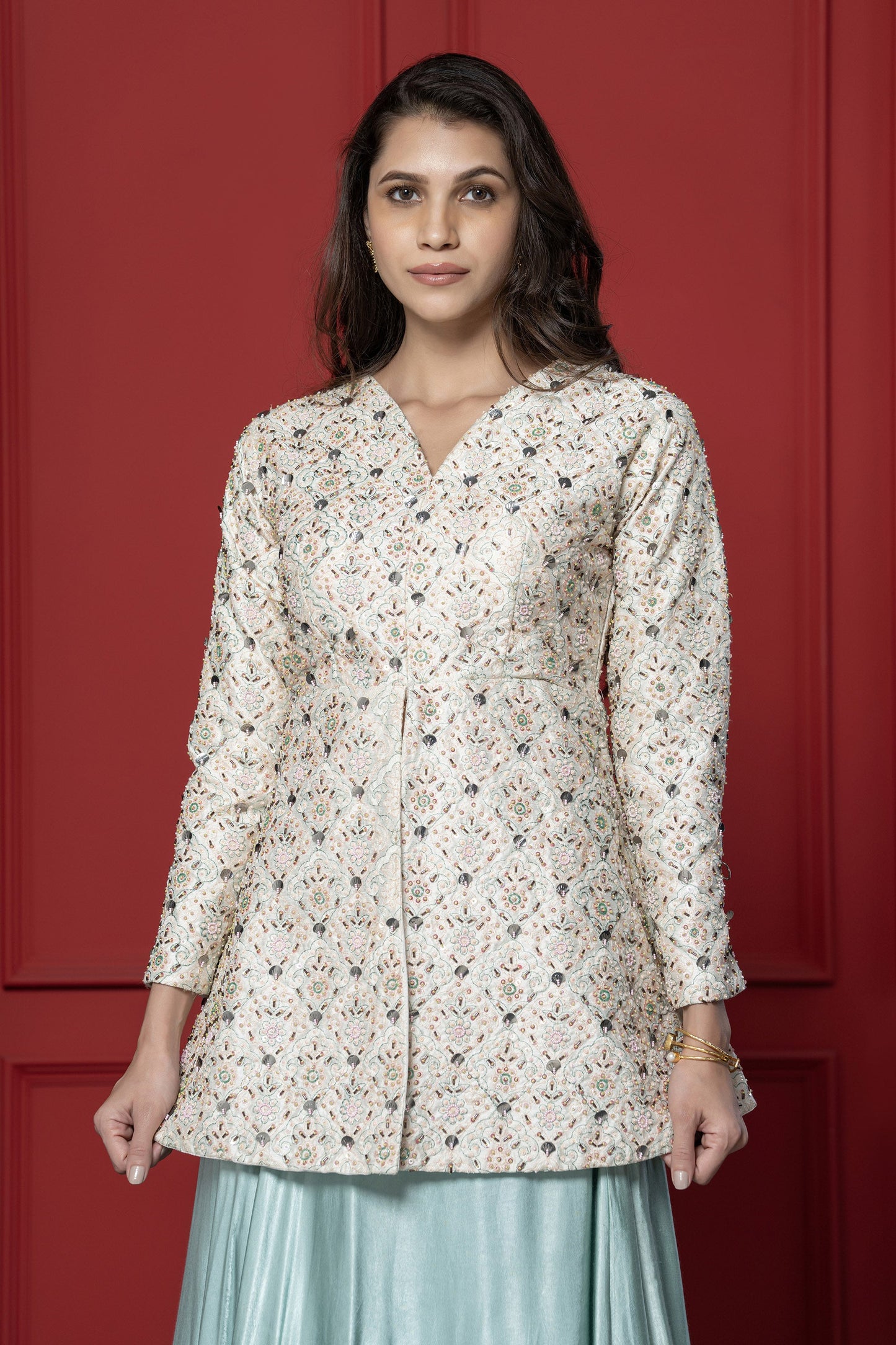 Shiny off white Gaji Silk Peplum Set