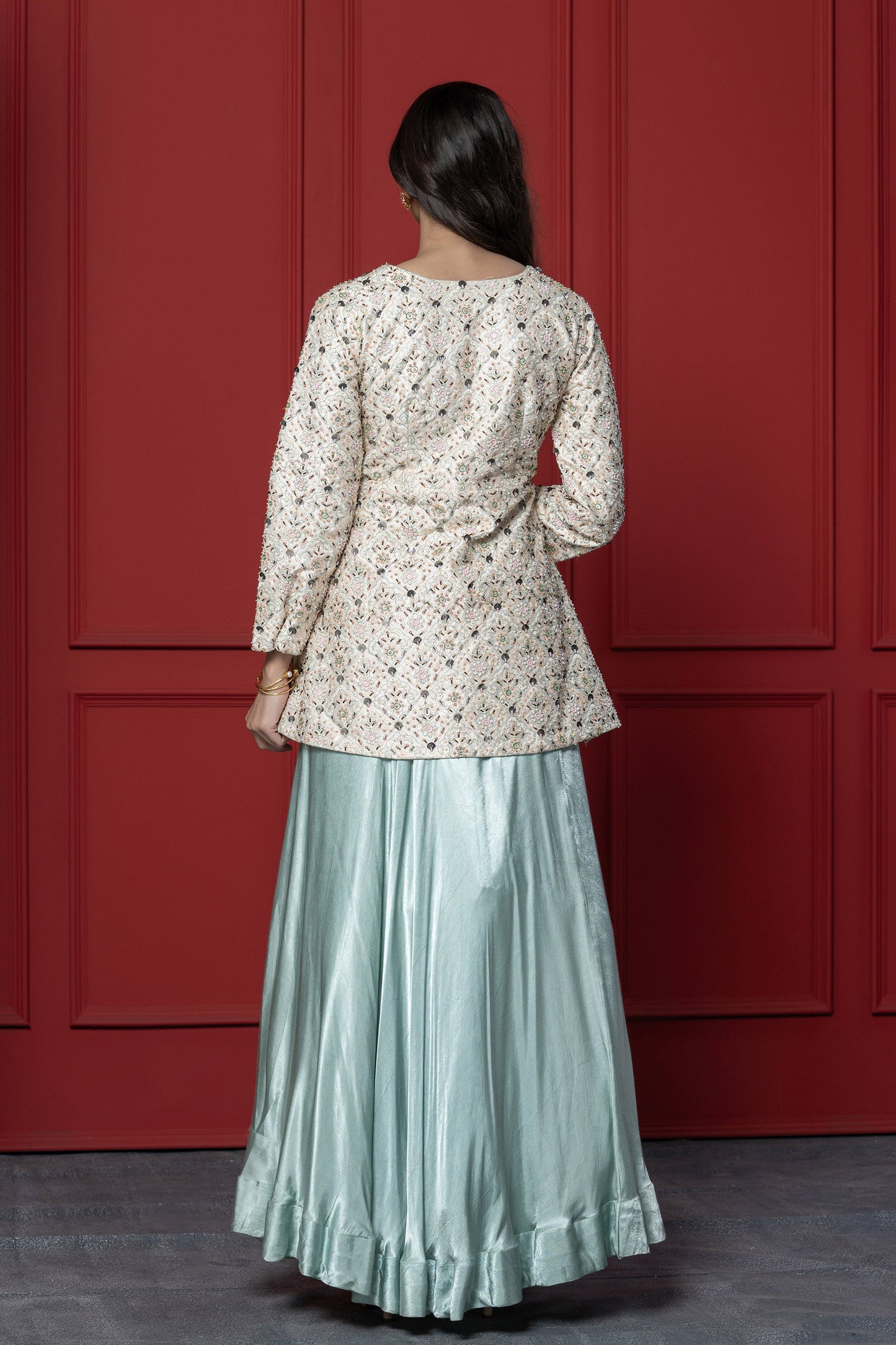 Shiny off white Gaji Silk Peplum Set