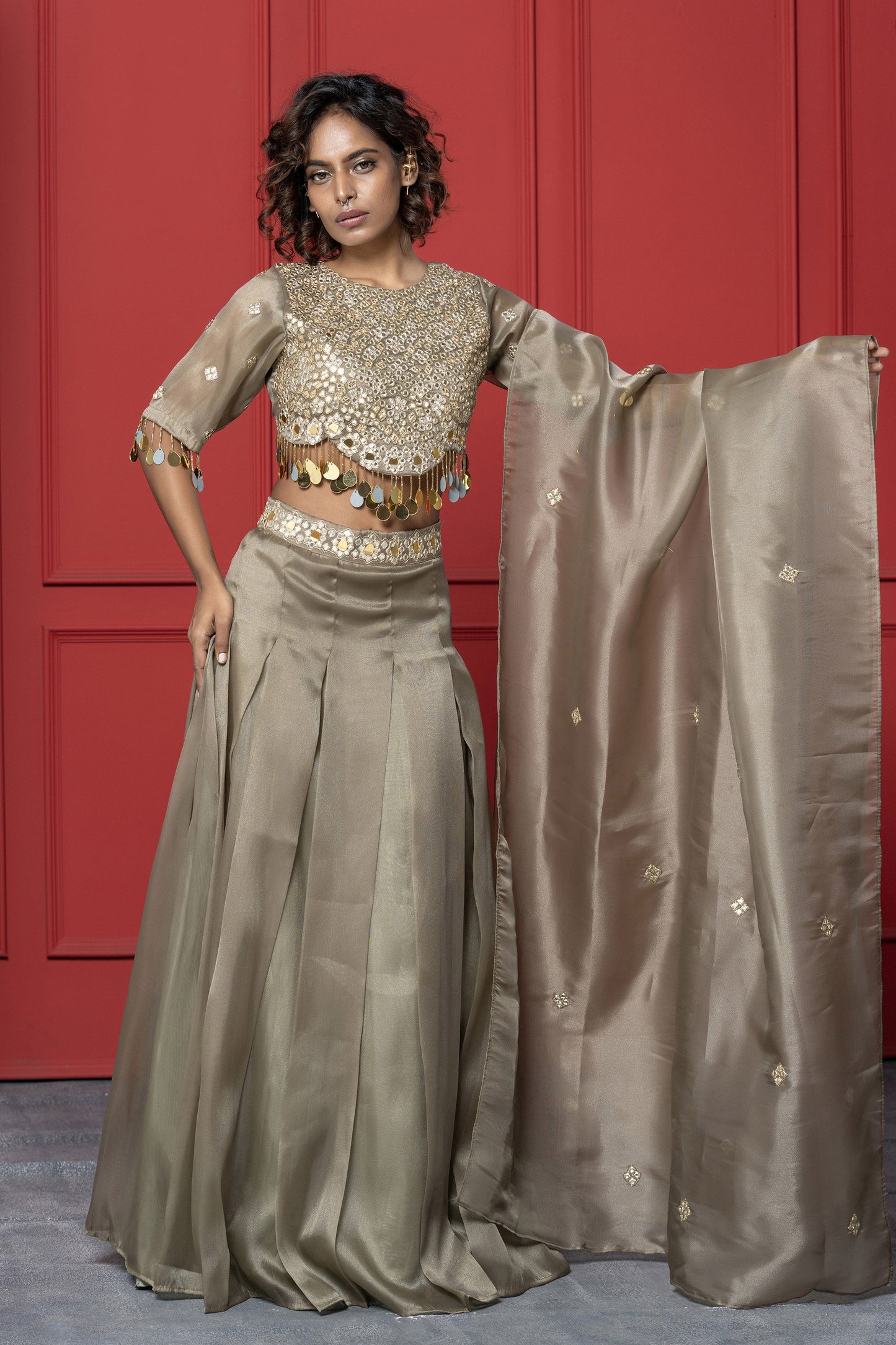 Greenish Copper Organza Mirror Lehenga Set