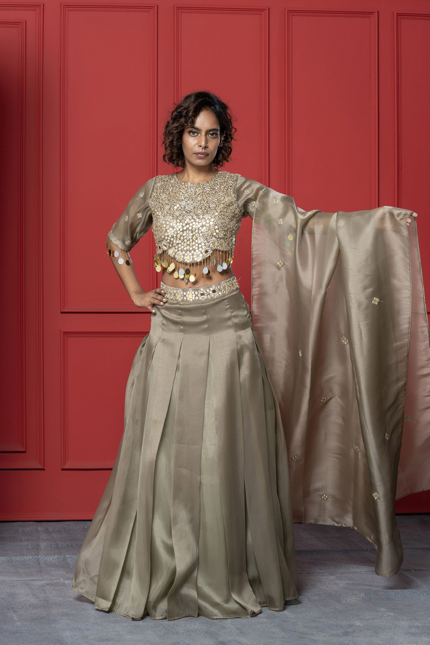 Greenish Copper Organza Mirror Lehenga Set