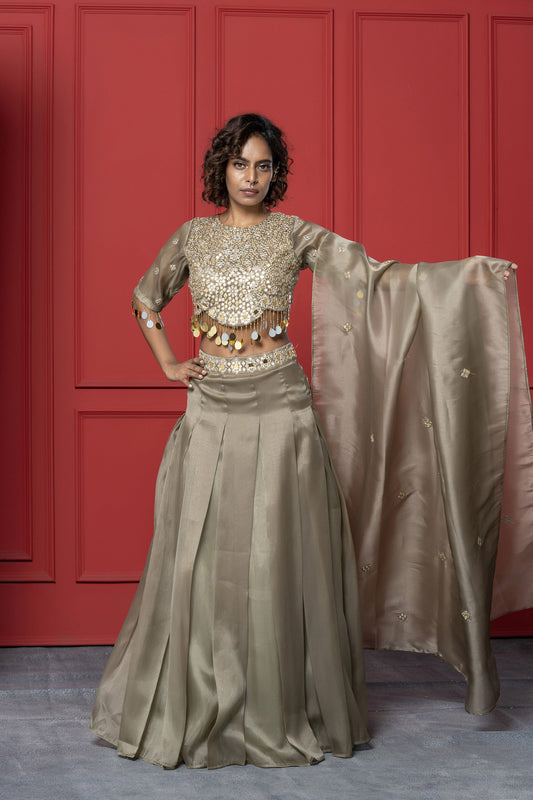 Greenish Copper Organza Mirror Lehenga Set