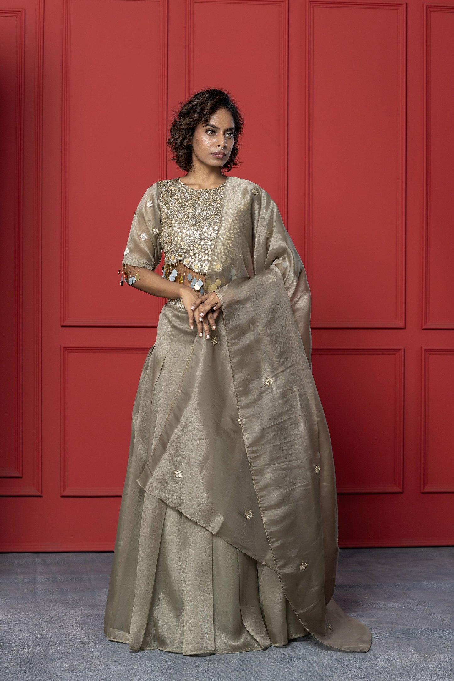 Greenish Copper Organza Mirror Lehenga Set