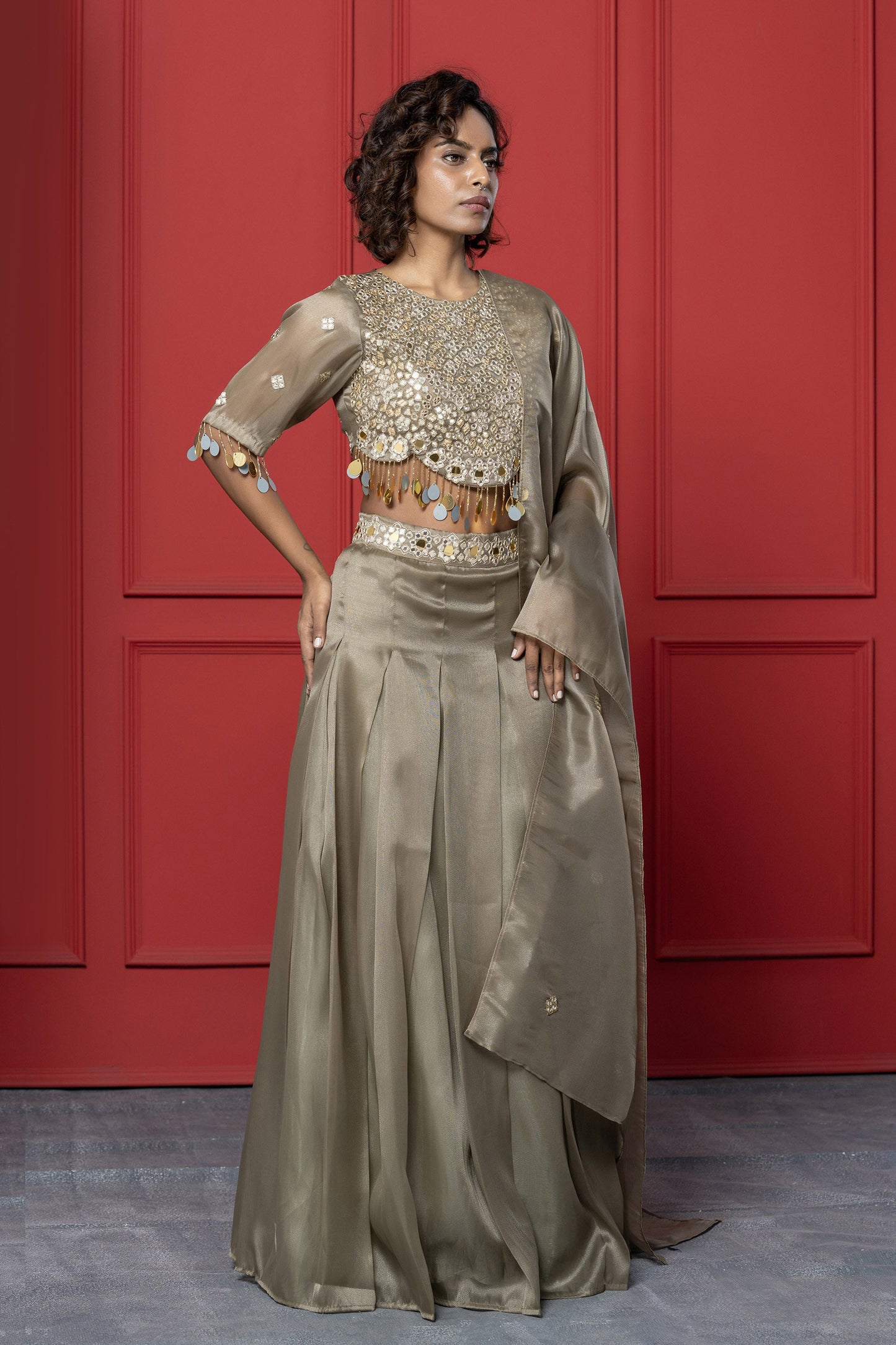 Greenish Copper Organza Mirror Lehenga Set