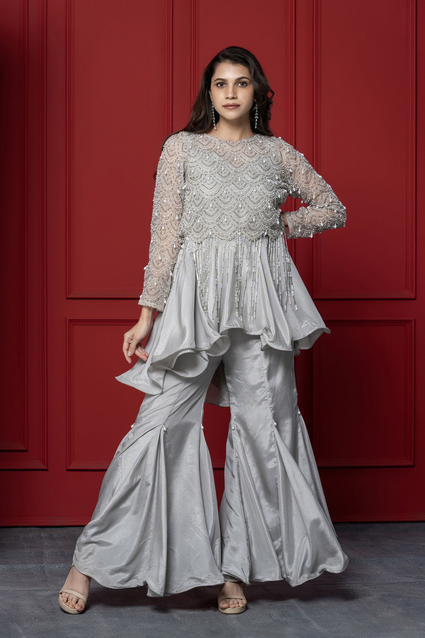 Grey Upada silk 3-Piece peplum Set
