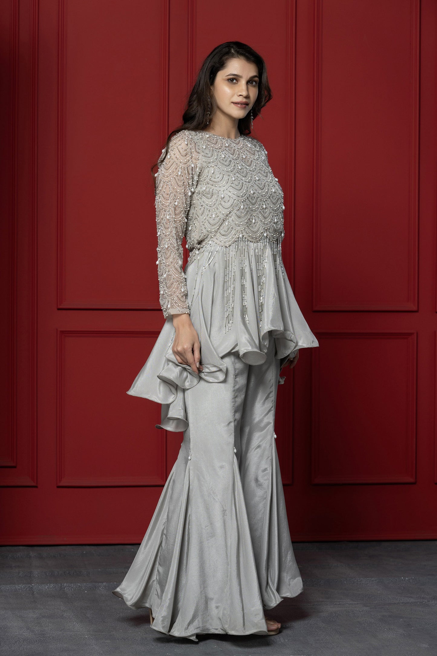 Grey Upada silk 3-Piece peplum Set