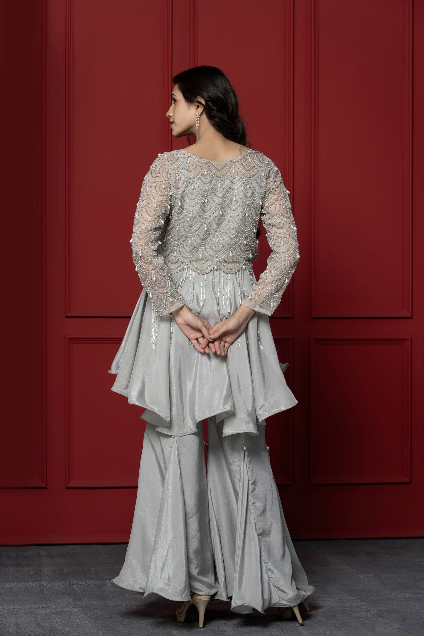 Grey Upada silk 3-Piece peplum Set