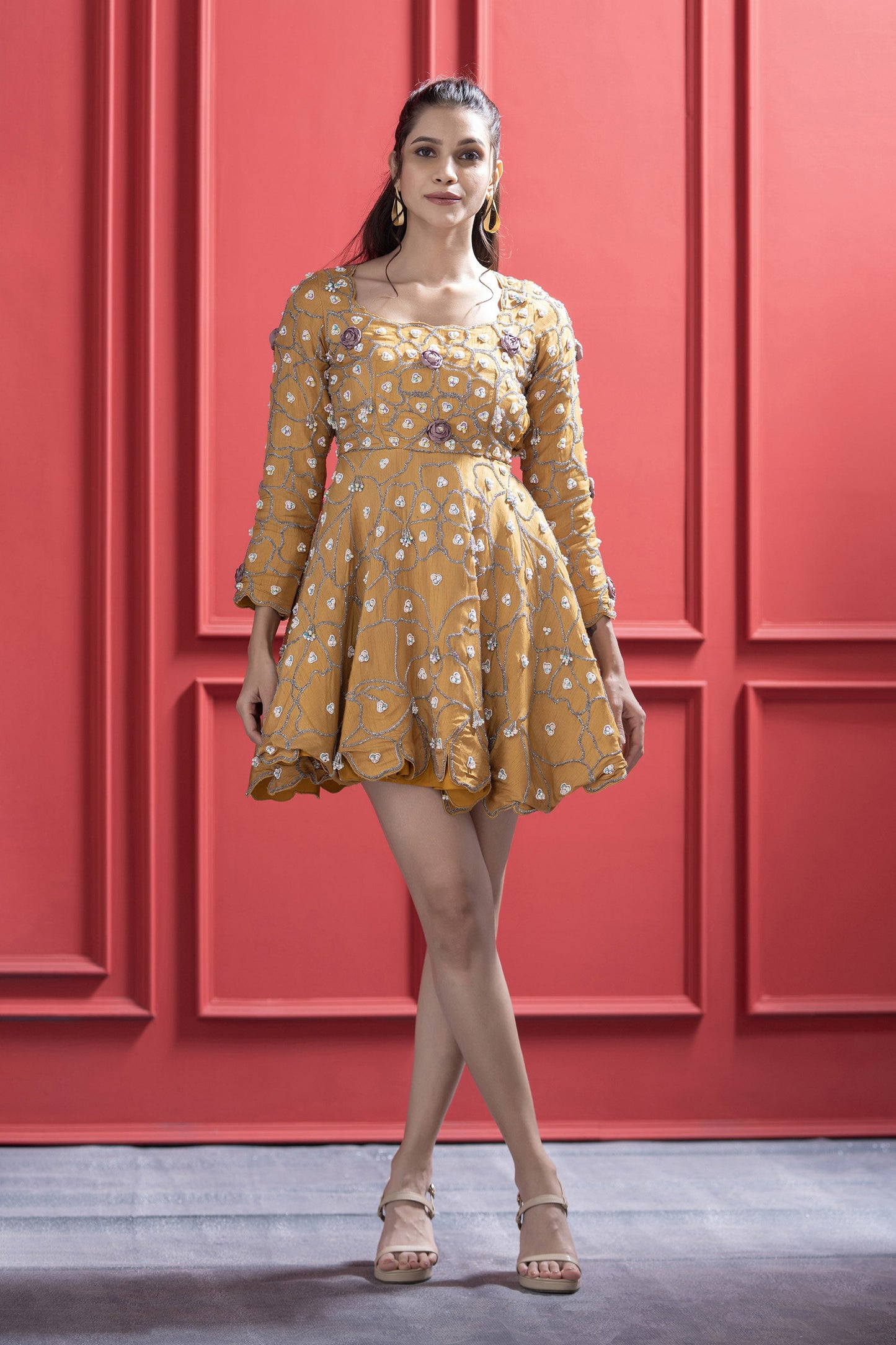 Mustard Dola Silk Embroidered Frock