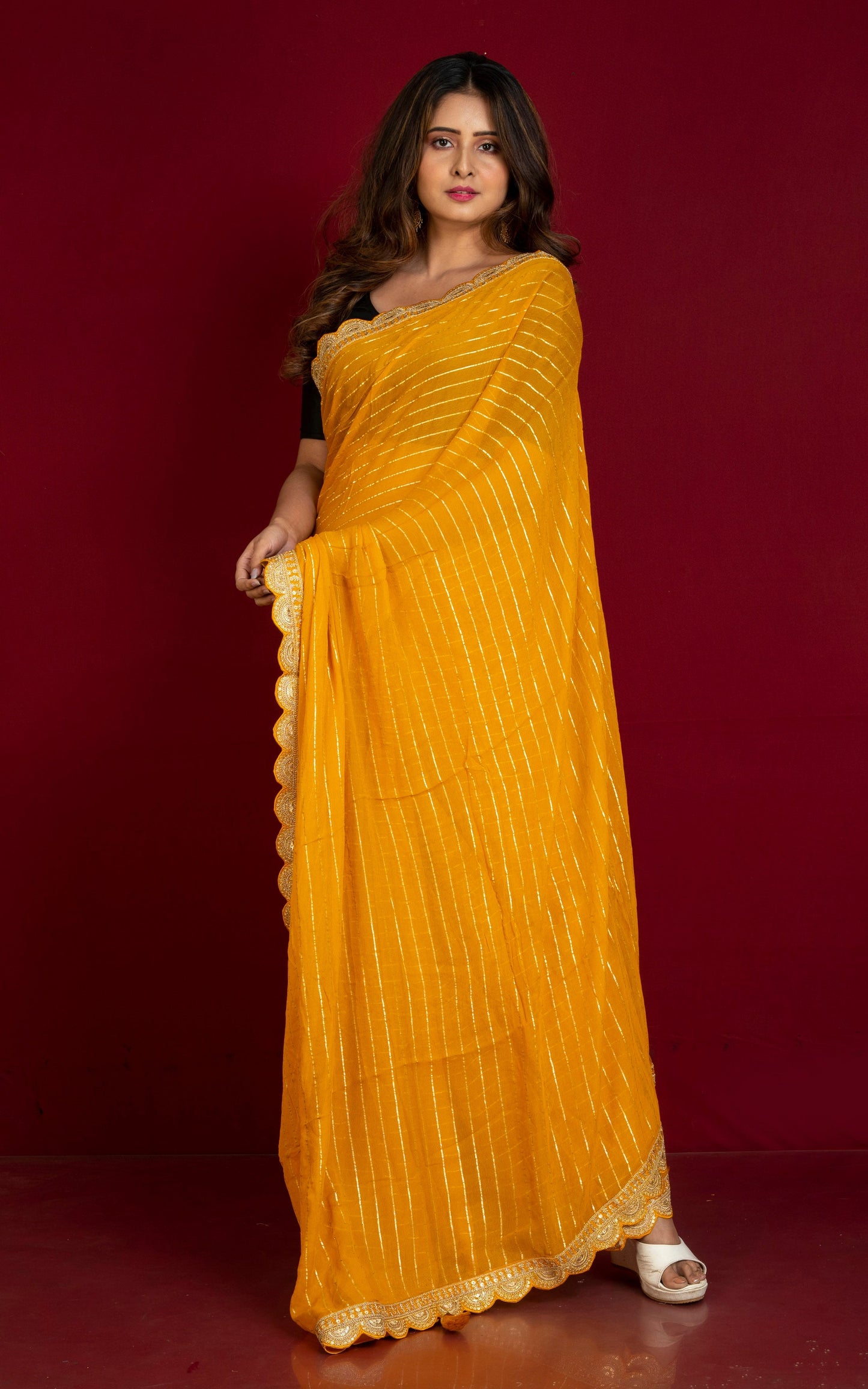 Khaddi Georgette Designer Saree in Honey Yellow and Antique Gold
