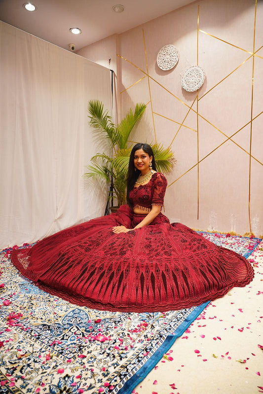 Maroon Color Stone Work Soft Net Lehenga