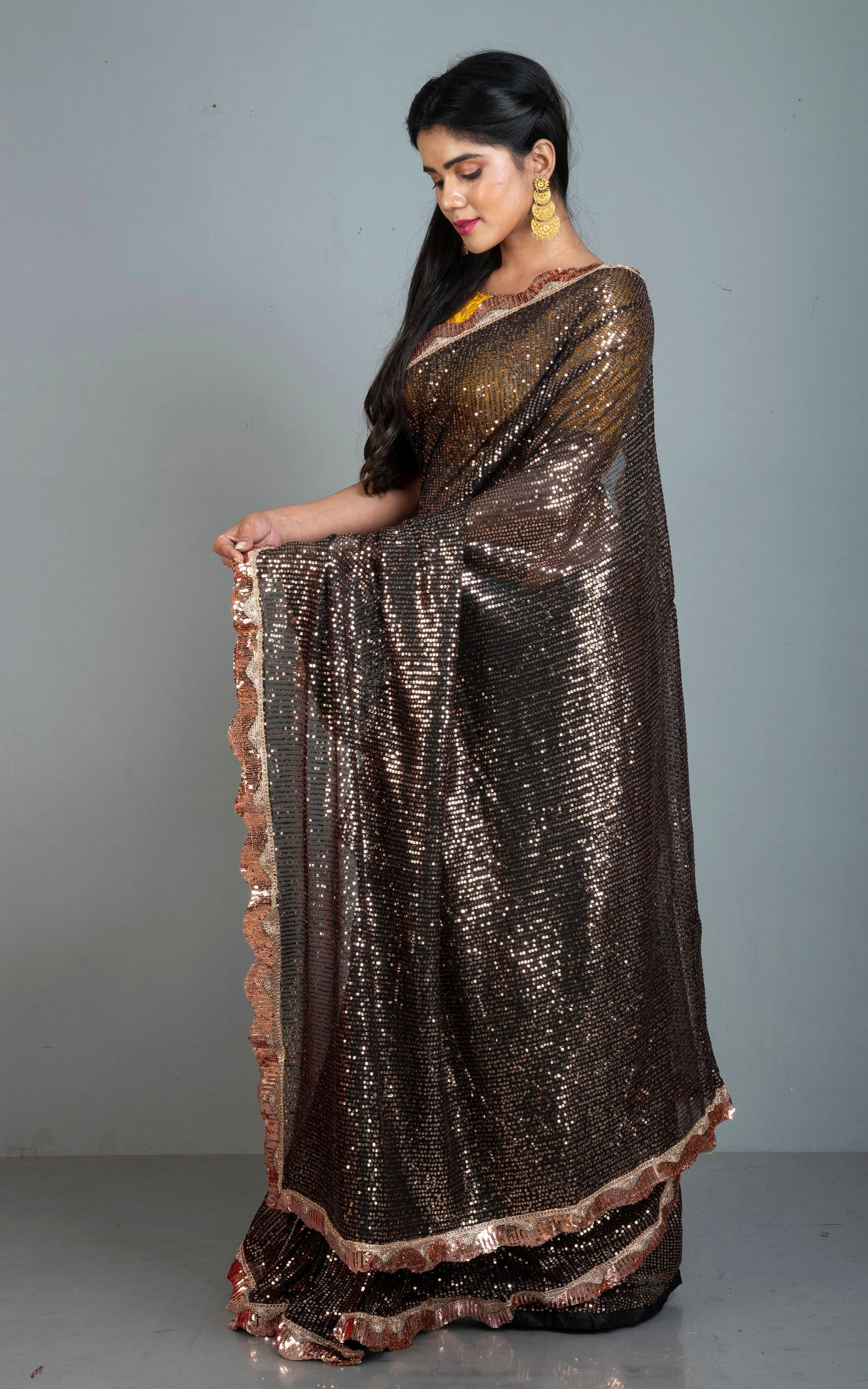 Contrast Sequin Nakshi Border Italian Net with Sequin Woven Bollywood Sarees in Black and Copper
