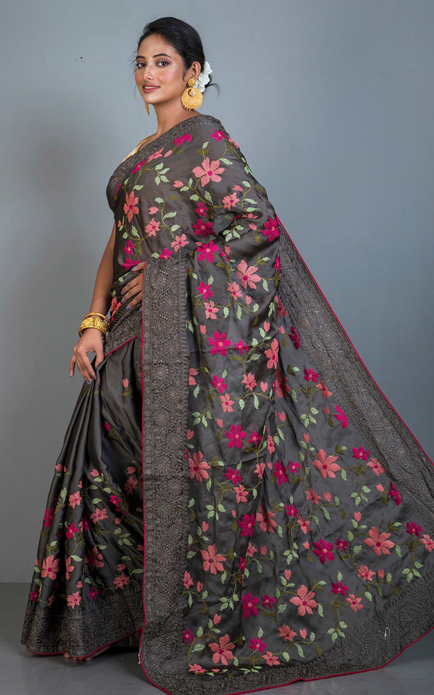 Parsi Cross Stitch Work Designer Italian Crepe Silk Saree in Taupe Brown, Hot Pink and Multicolored Thread Work