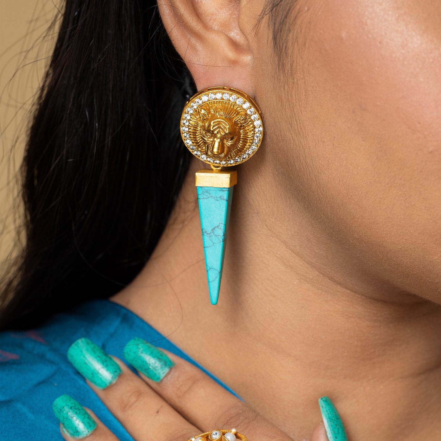 Zevar Club Lion Motif Turquoise Blue Earring