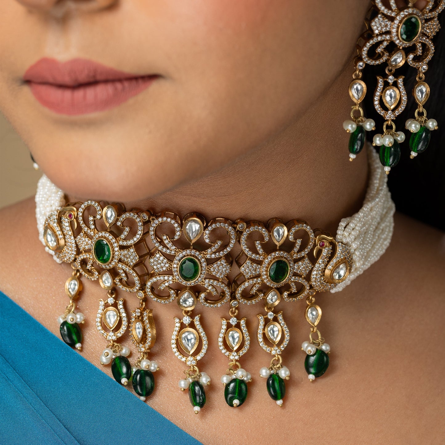Zevar Club Glitzy Victorian Green Pearl Kundan Choker