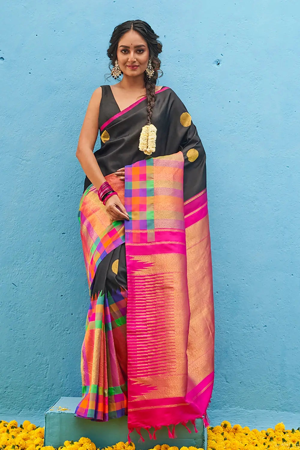 Handloom Black & Hot Pink Pure Silk Kanjeevaram Saree & Gold Zari