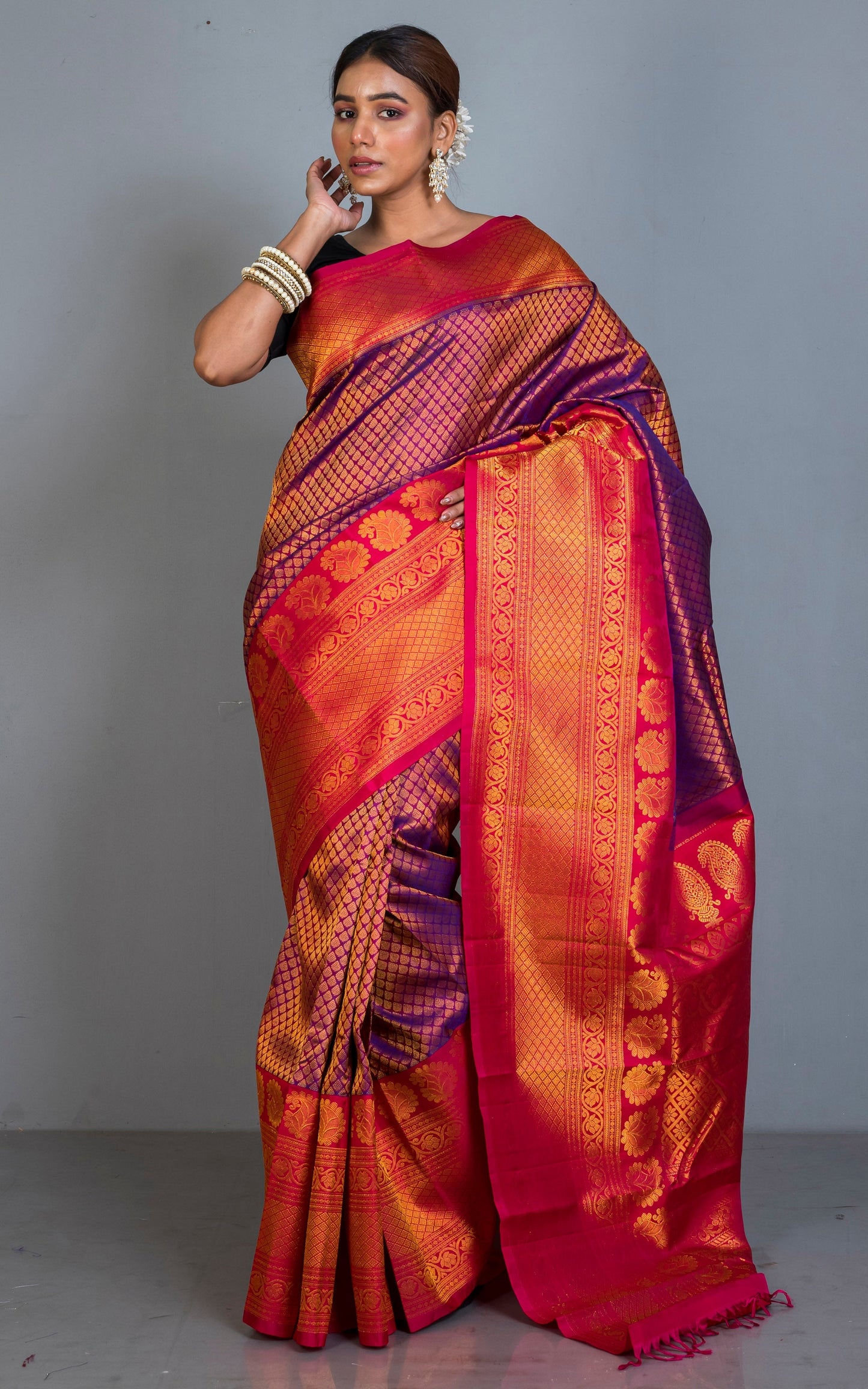 Exclusive Mahapar Tanchui Brocade Gadwal Silk Saree in Purple, Dark Red and Golden Zari Work