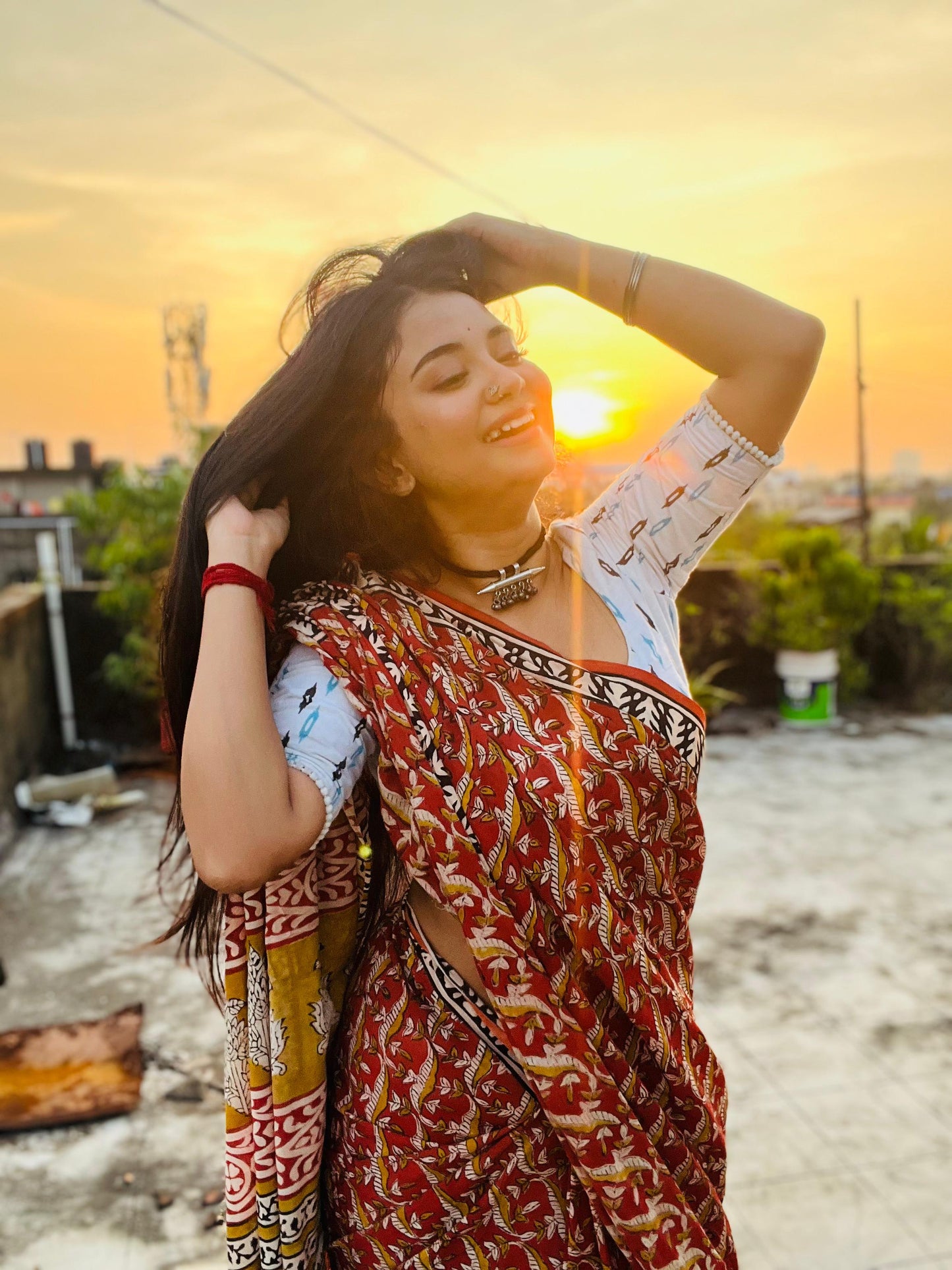 Gaurbandh- Red Bagru Natural Dyes Handblock Printed - Cotton Mulmul Saree