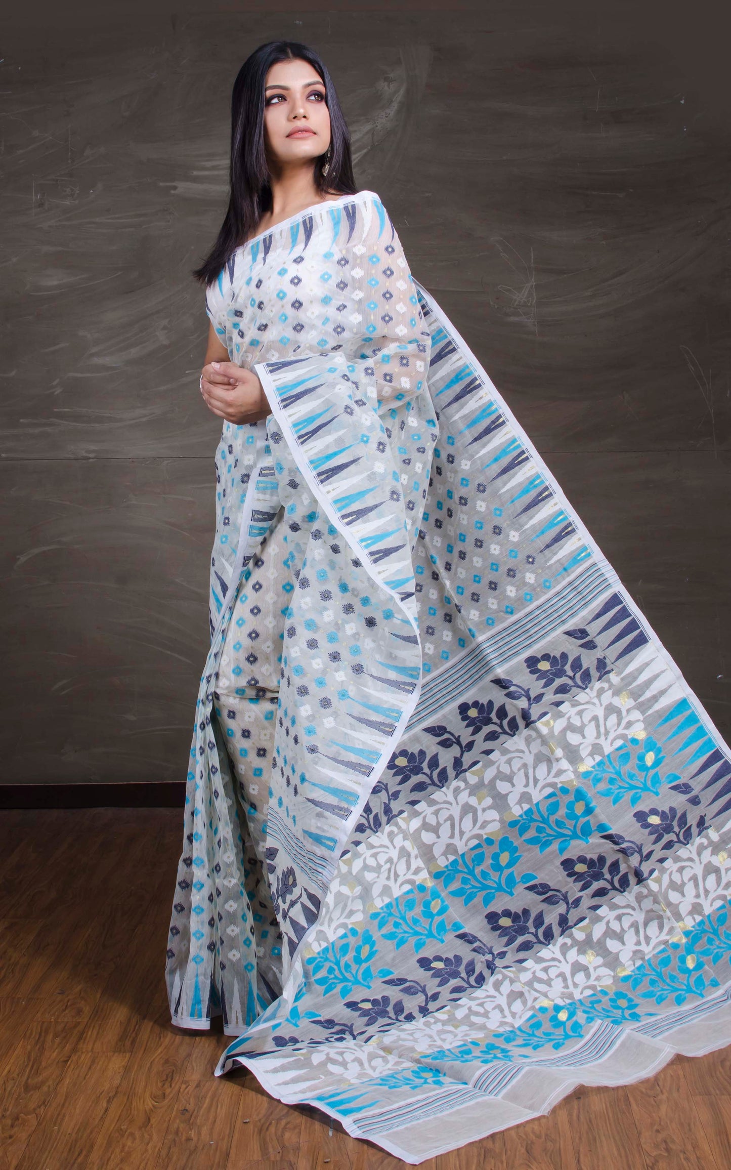 Traditional Soft Jamdani Saree in White and Multicolored Thread Work