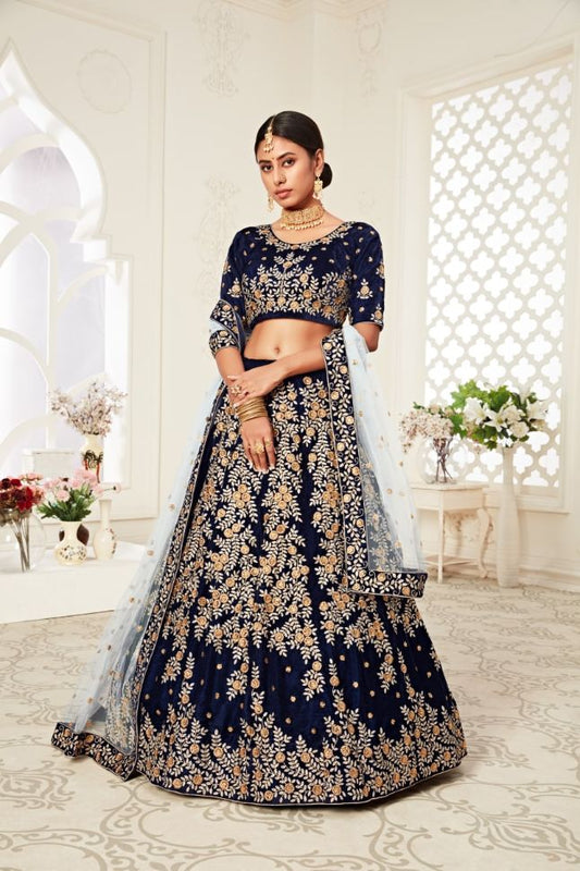 Blue Color Velvet Embroidery Lehenga