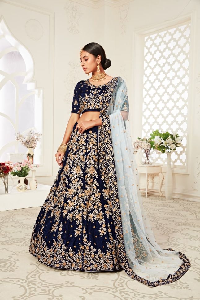 Blue Color Velvet Embroidery Lehenga