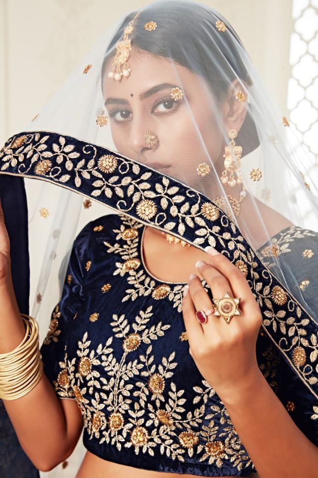 Blue Color Velvet Embroidery Lehenga