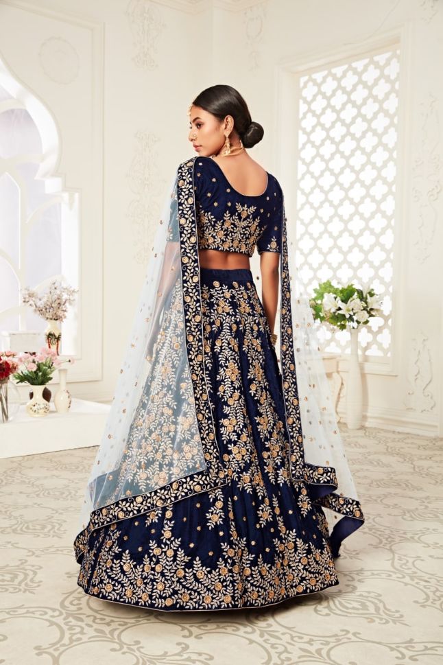 Blue Color Velvet Embroidery Lehenga