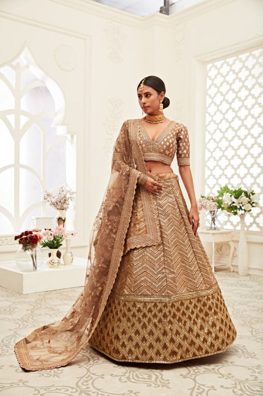 Brown Color Slub Silk Zari Embroidery Lehenga