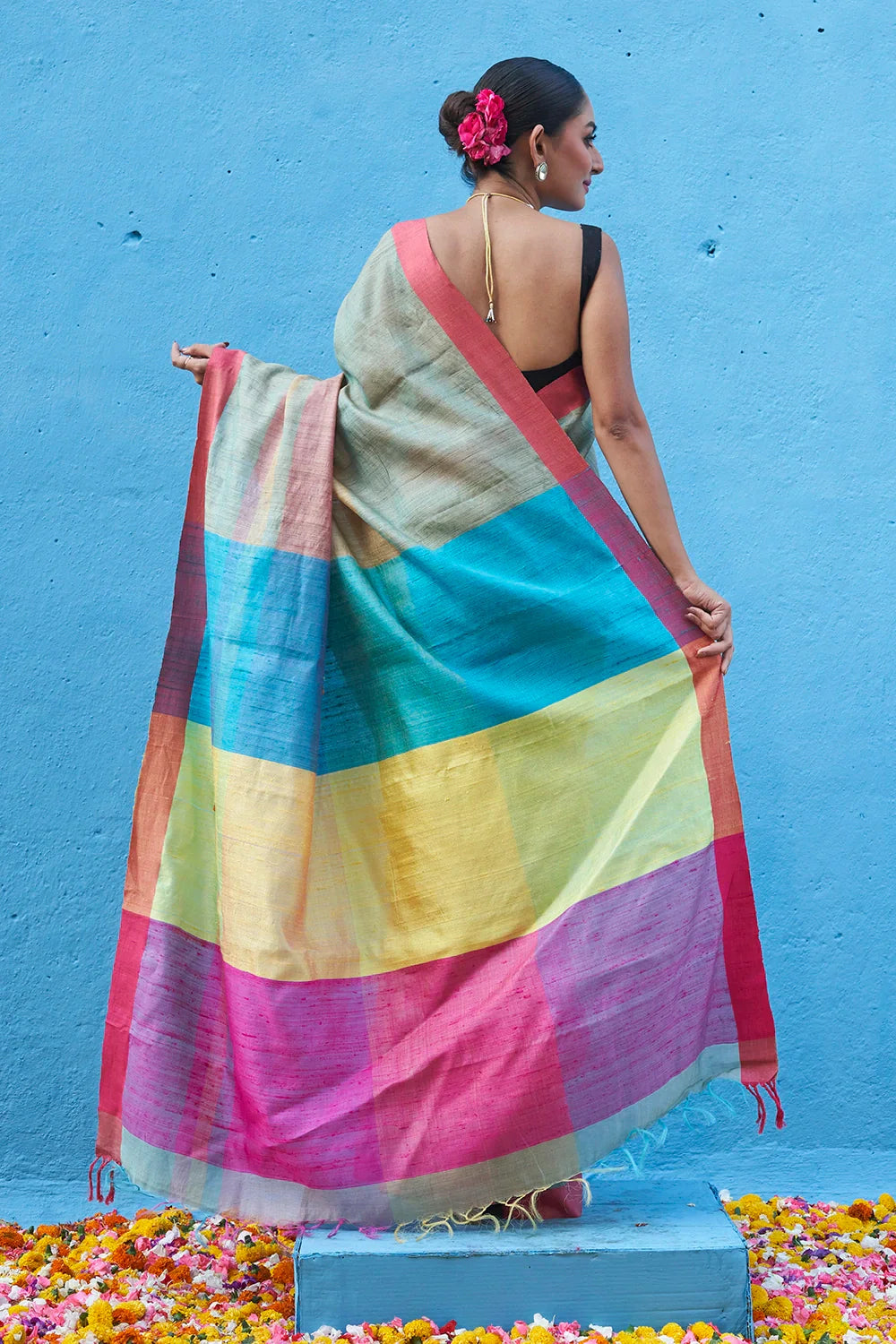 Handloom Pink Multi Colour Pure Tussar Silk Saree